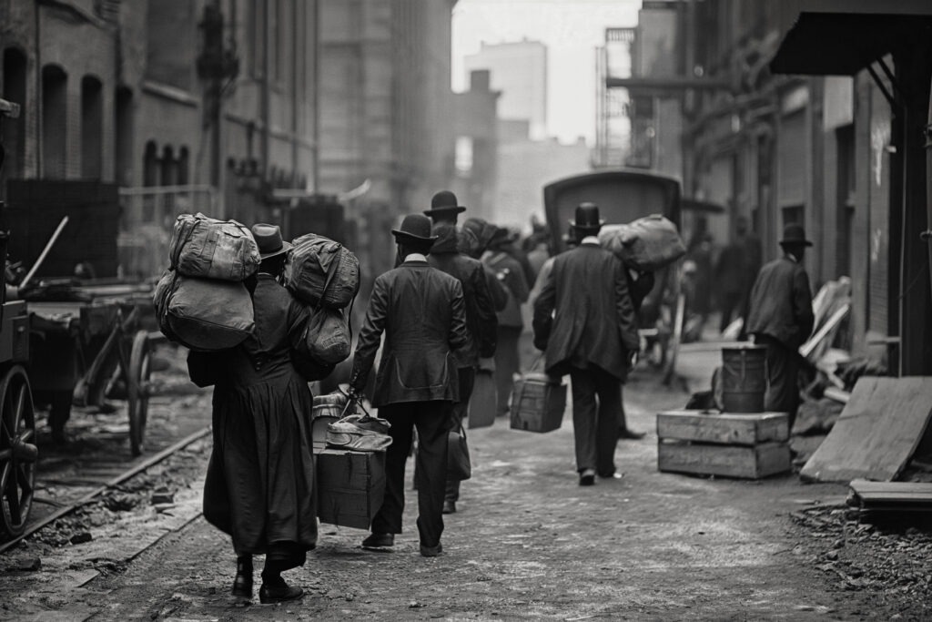 black white vintage scene with people-migrating rural zones old times